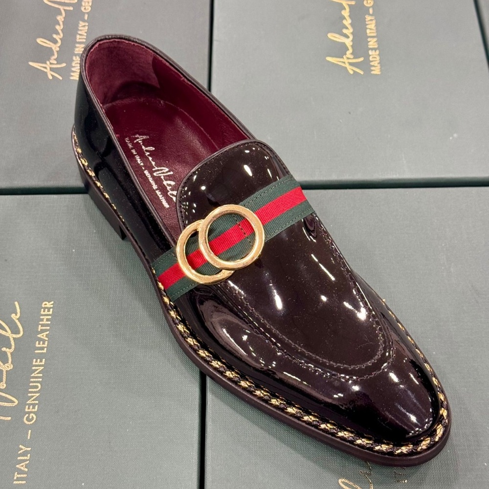 Black all leather patent wet look slip on with gold rings made in Italy. - Picture 3 of 5